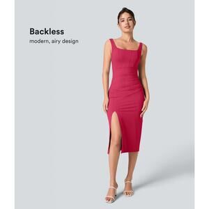 Halara Soft Square Neck Corset Ruched Bodycon Midi Casual Dress Winterberry S